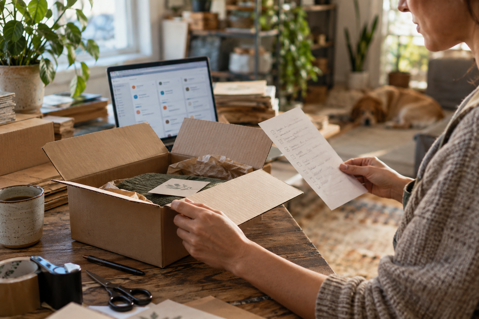 A person reviews an order beside an open shipping box; an illustrative photograph, not an American Express merchant.