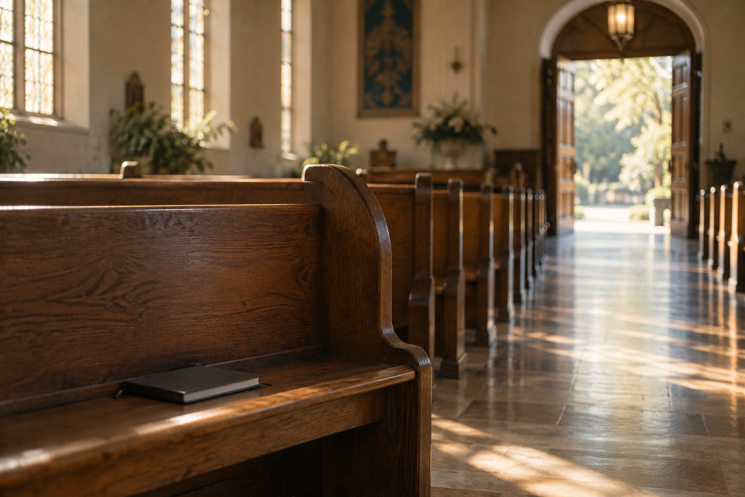 Symbolic photograph of an empty church pew with a closed notebook and daylight by an open doorway; it does not show the Australian church, survivors or proceedings.