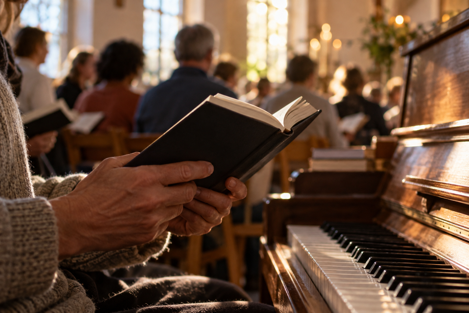 Illustrative photograph of anonymous hands holding an unmarked hymnbook beside a piano in a chapel; it does not depict the October 2026 Swedish Singstunde.