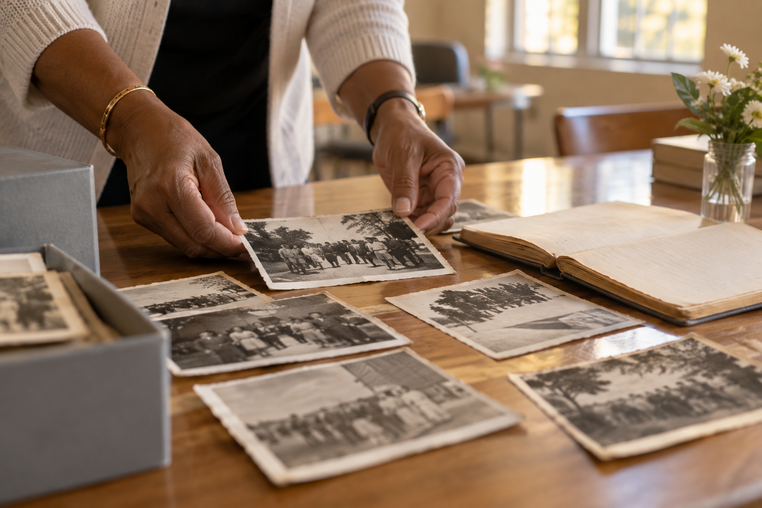Hands arranging archival-looking school photographs and a blank notebook on a table in warm light; an illustrative photograph, not Douglass High School records or alumni.