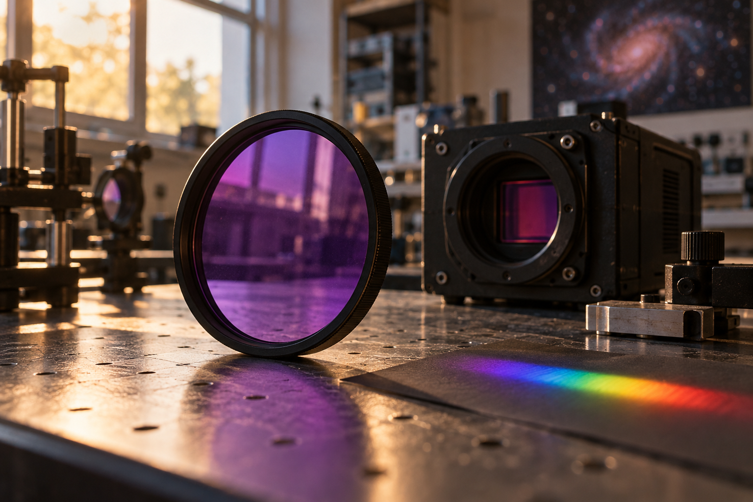 Illustrative photograph of unbranded optical equipment and violet light in a terrestrial laboratory; it is not the UVEX telescope or an image from NASA.