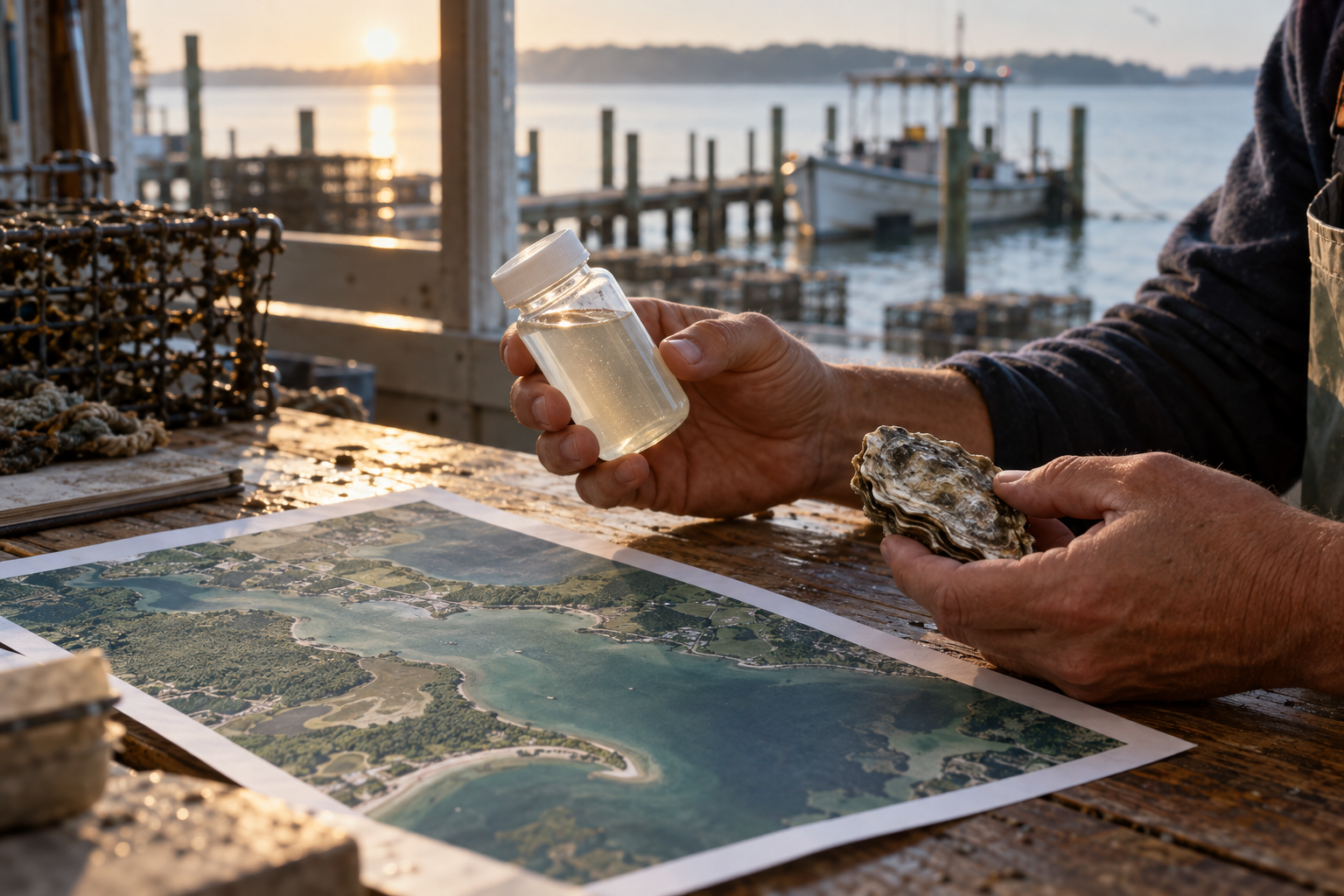 Illustrative photograph of anonymous hands examining an oyster shell, a water sample and an unmarked shoreline image at a dock; it does not depict the Virginia bloom or NASA's analysis.