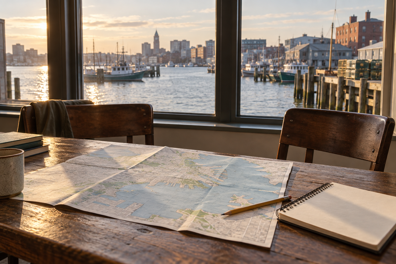 Waterfront map, pencil and blank notebook on a sunlit table overlooking a working harbor.