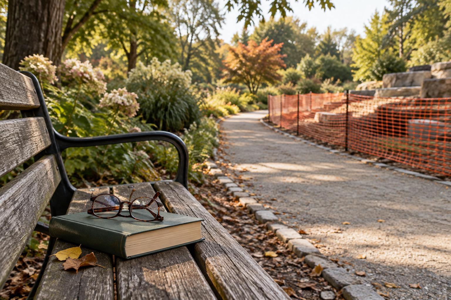 A book and reading glasses rest on a wooden bench beside a garden path and temporary construction fencing.