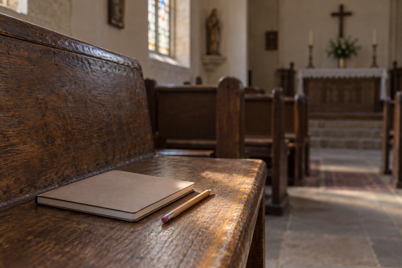 A plain notebook and pencil rest on a worn wooden pew in an empty chapel.