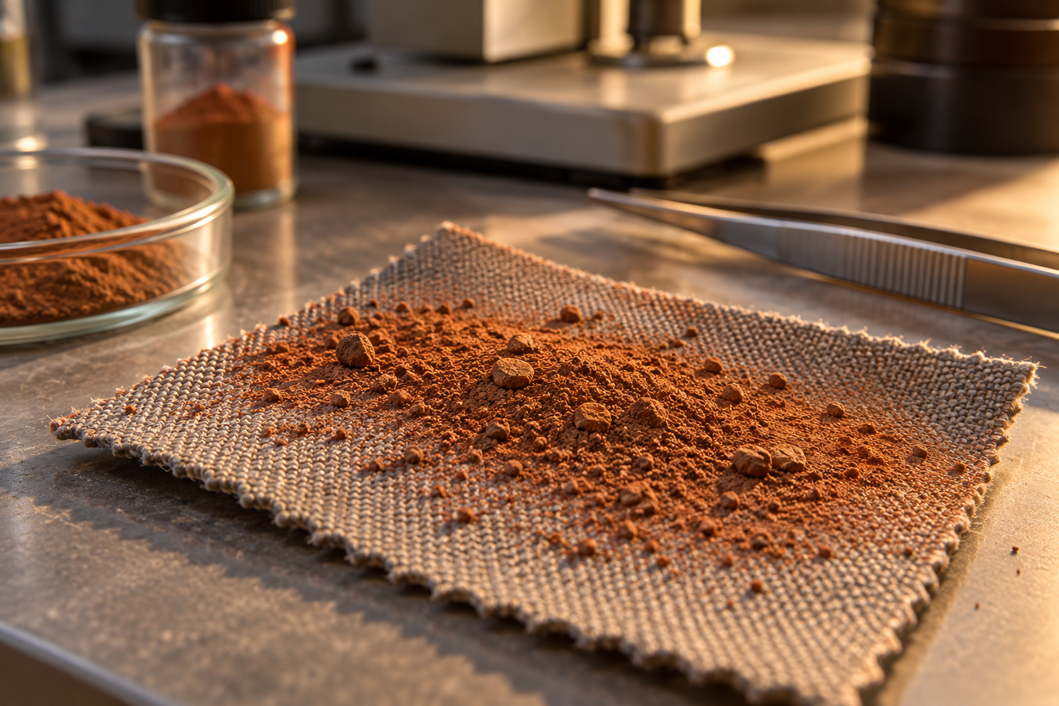 Illustrative photograph of reddish dust resting on woven technical fabric in a terrestrial laboratory; it is not a NASA sample or a photograph from Mars.