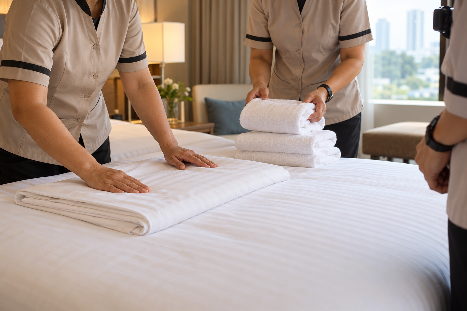 Illustrative photograph of anonymous hotel housekeeping staff demonstrating linen and towel work in a generic guest room; it does not show YYForce, Novotel or an actual recording session.