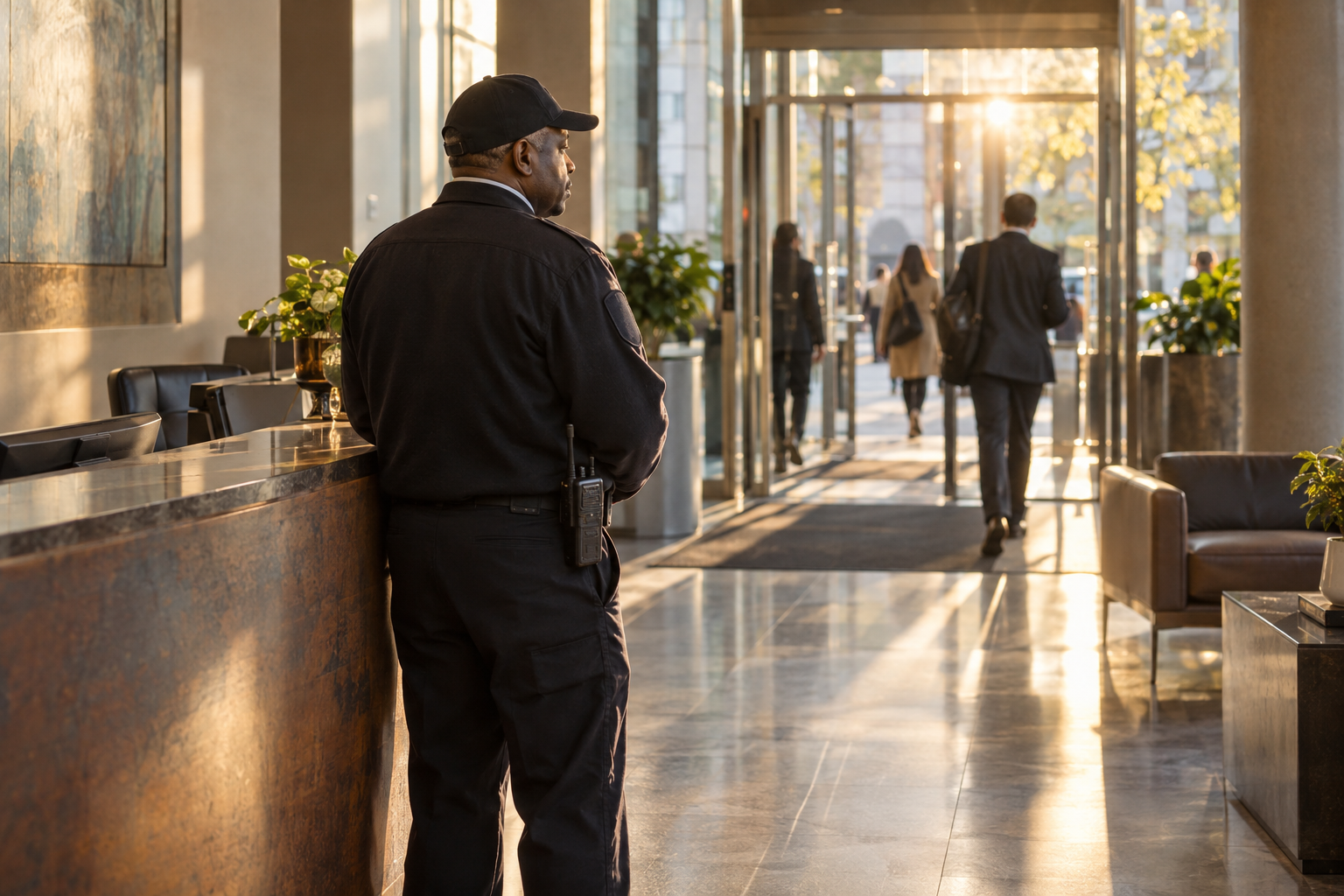 A security worker watches the entrance of an office lobby in warm morning light.
