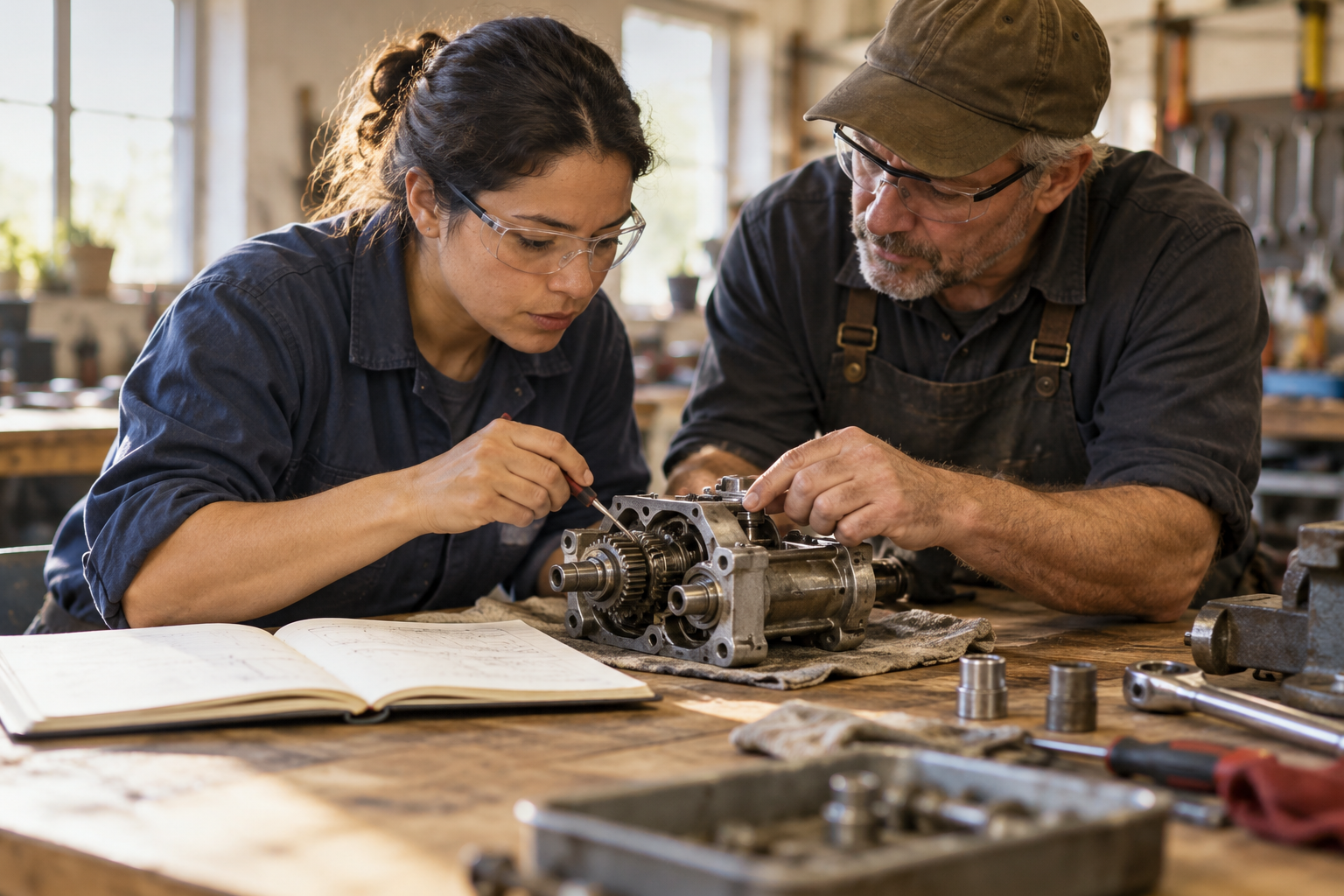 Illustrative photograph of an anonymous adult learner and mentor studying a mechanical assembly at a generic workbench; it does not depict a UK jobs-plan placement.