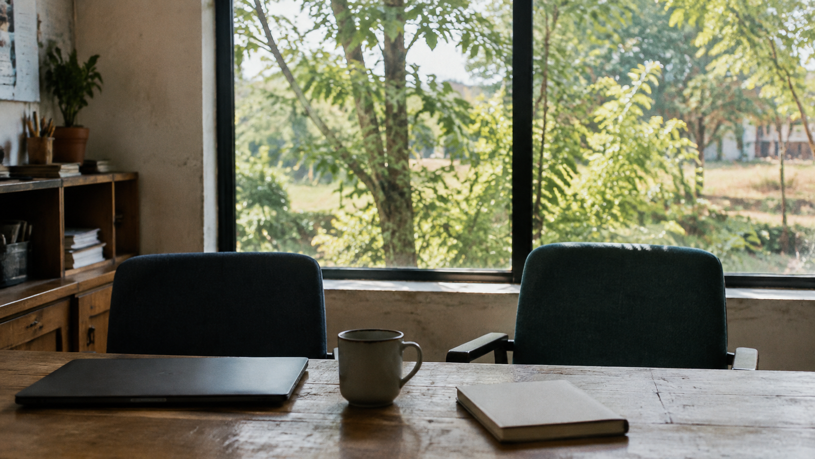 A closed laptop and notebook on a wooden desk, with two chairs beside a sunlit window.