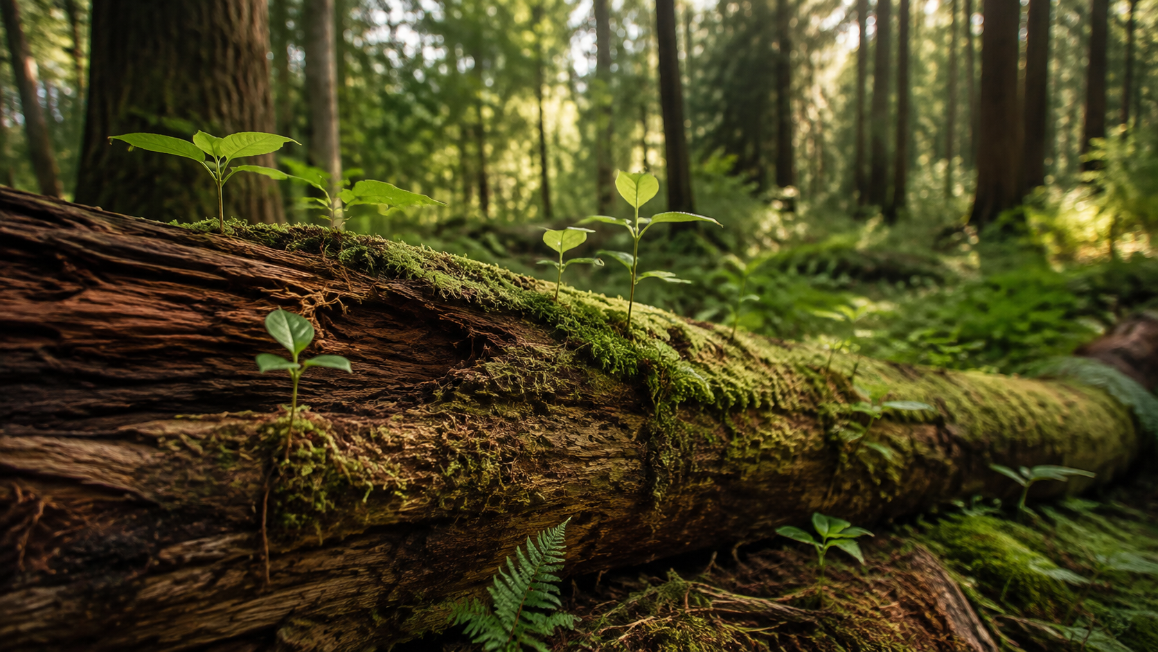 Young seedlings growing from a moss-covered fallen log in a forest.