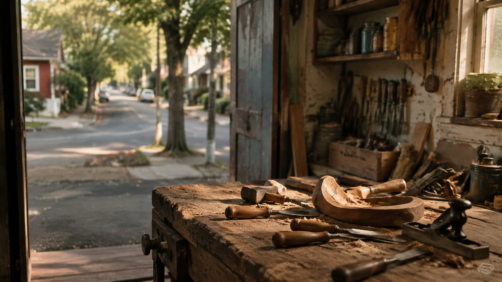 A wooden bowl and hand tools rest on a workbench beside a doorway opening toward a neighborhood street.