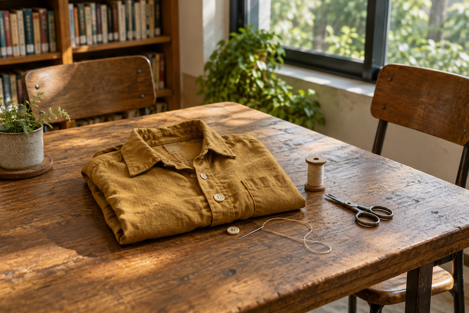 A folded ochre shirt, loose button, needle, thread and scissors rest on a wooden table between two empty chairs.