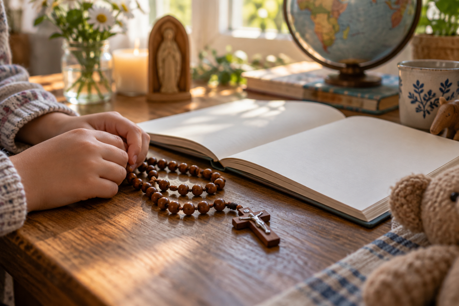 A child’s hands near a wooden rosary and open blank notebook on a family table in morning light; an illustrative photograph, not a campaign participant.
