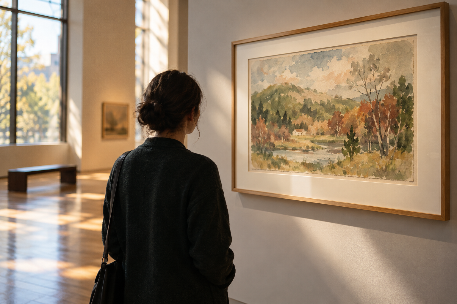 Illustrative photograph of an anonymous visitor studying a generic watercolor landscape in an unnamed gallery; it does not depict the Whitney exhibition or a Burchfield work.