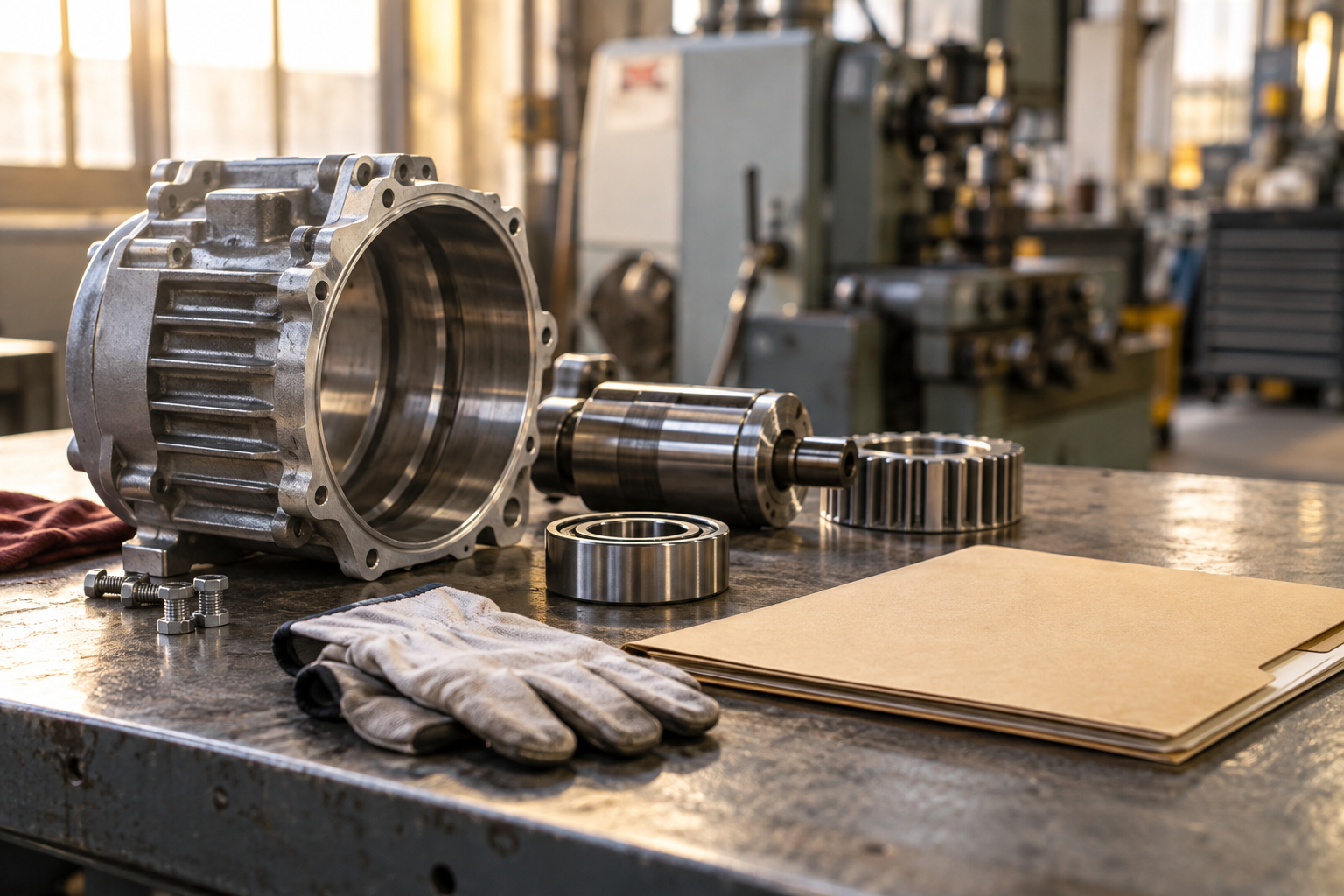 Illustrative photograph of metal parts, work gloves and an unmarked folder at a manufacturing bench; this is not Fidelity's facility.