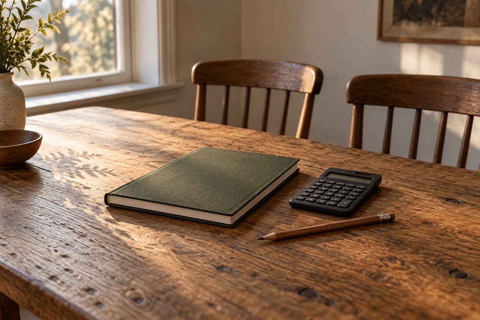 A closed notebook, calculator and pencil rest on a wooden table with two empty chairs behind it.