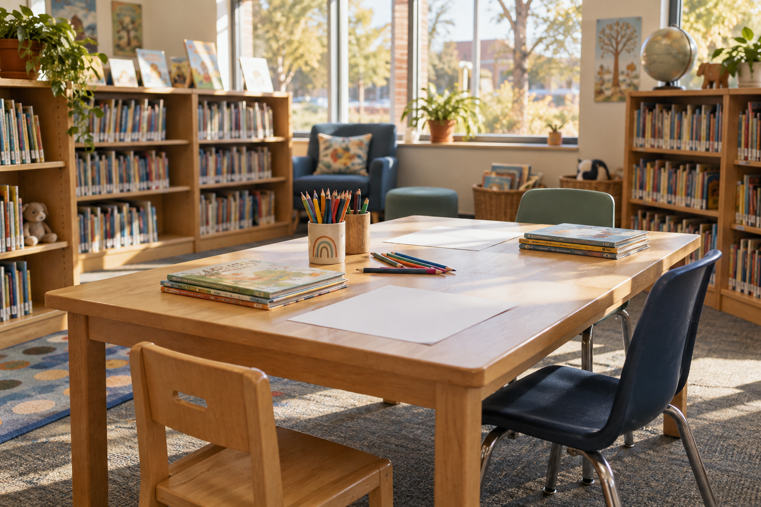 An empty children's activity table in a library with books and pencils; an illustrative photograph, not a participating library or cohort.