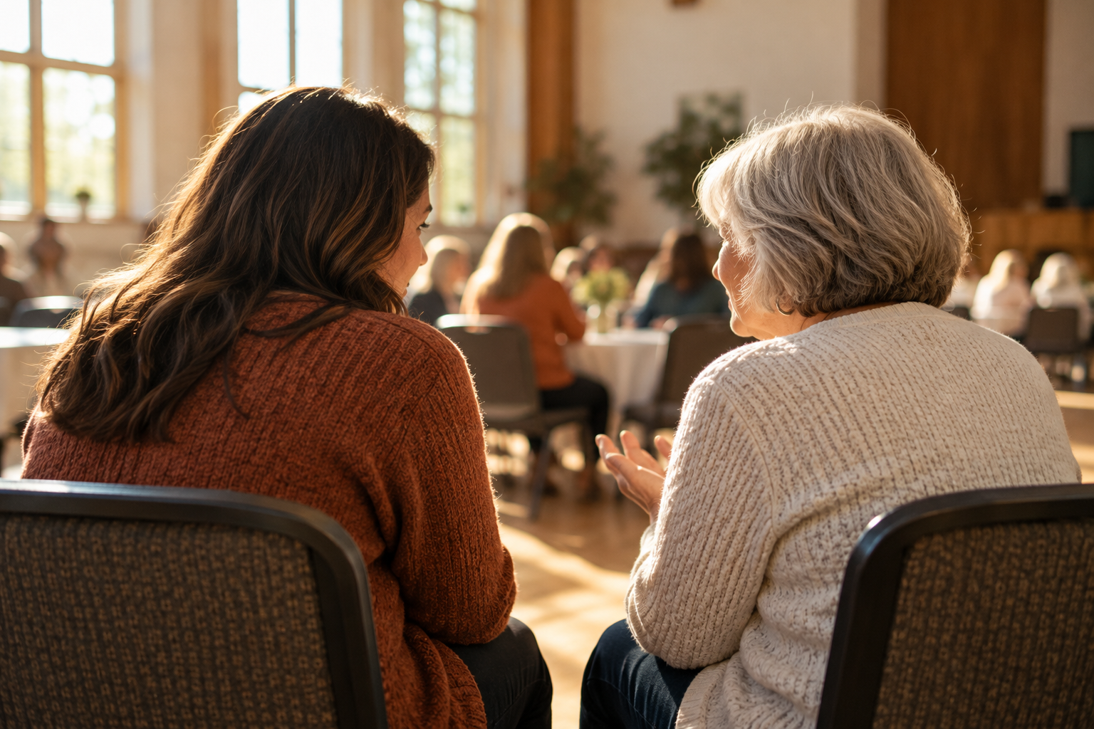 Illustrative photograph of two anonymous adult women in conversation in a generic community hall; it does not depict the WCC webinar or its speakers.