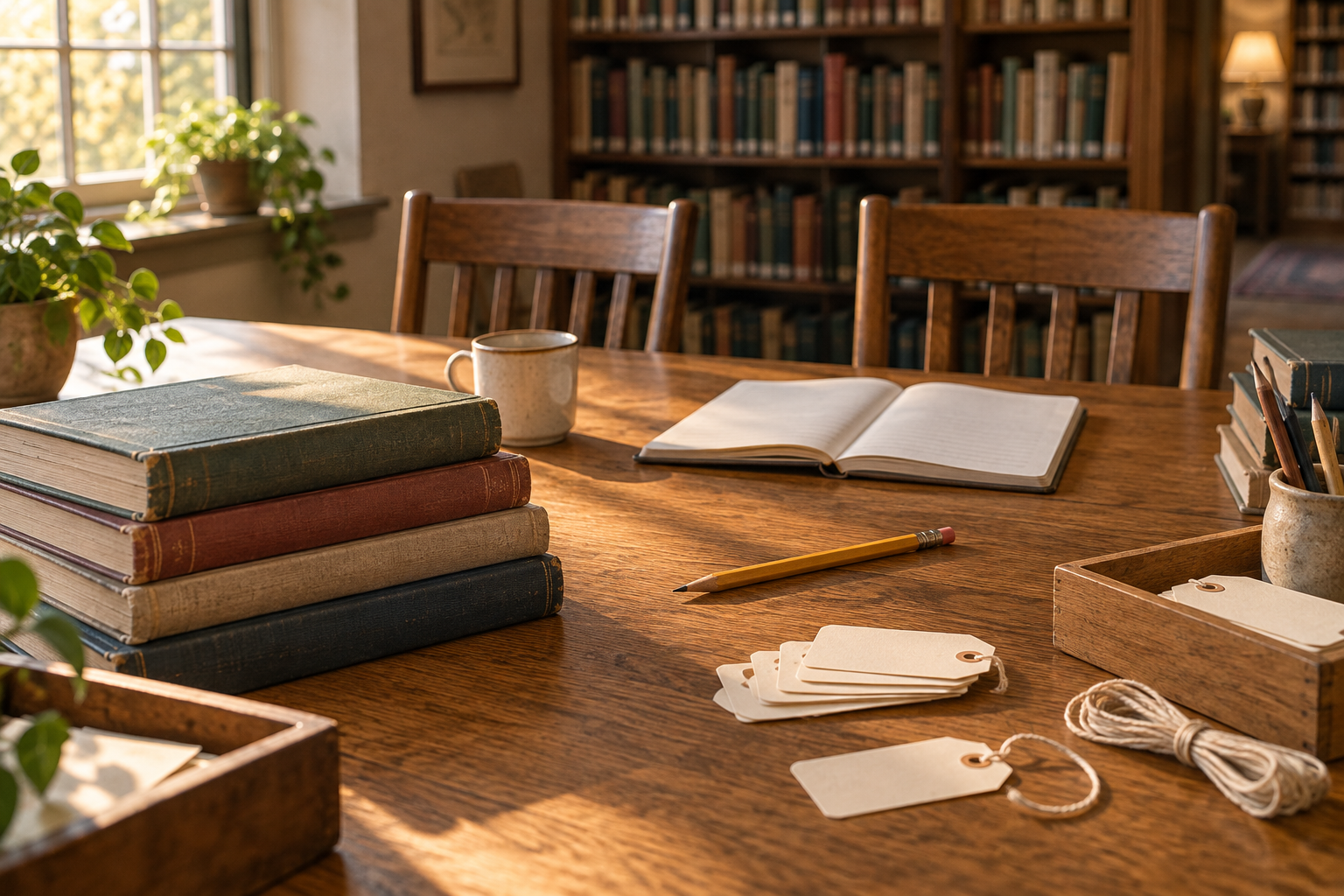 Books, a pencil and blank price tags await sorting on a sunlit wooden library table with two empty chairs.