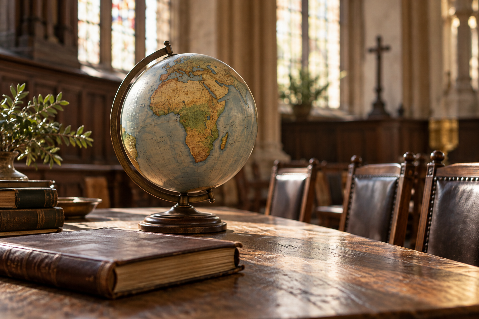 Illustrative photograph of a closed unmarked book and globe on a church table with empty chairs; it does not depict the Johannesburg conference.