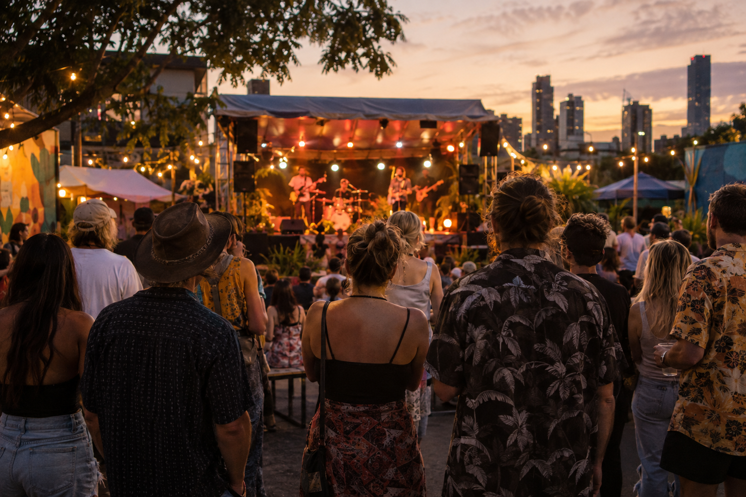 People watching a small outdoor music stage at dusk under string lights; an illustrative photograph, not Valley Fiesta or its performers.