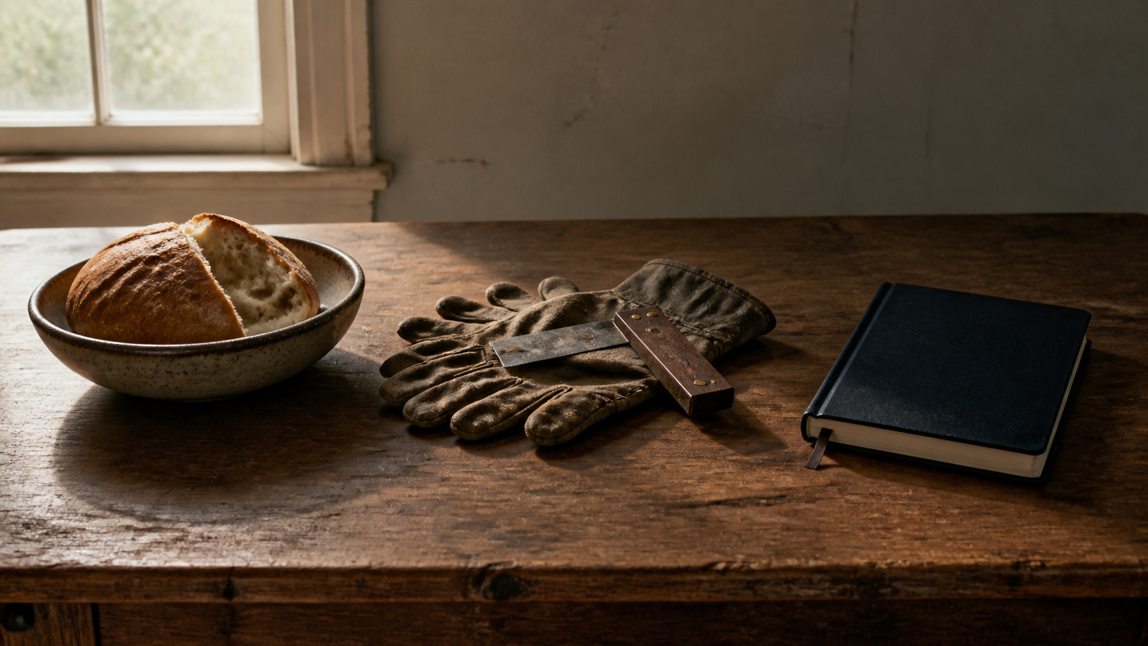 Bread, work gloves and a carpenter’s square, and a closed book rest on a wooden table.