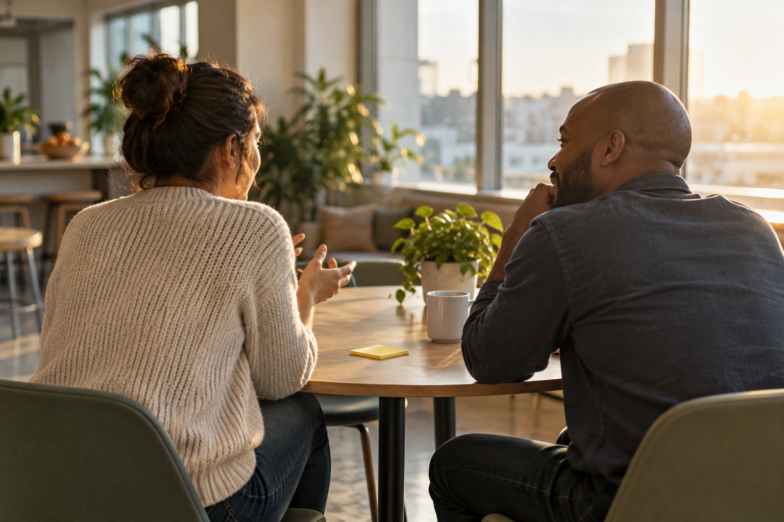 Illustrative photograph of two anonymous coworkers talking at a sunlit office table; it does not show Recognize, its billboards or employees.