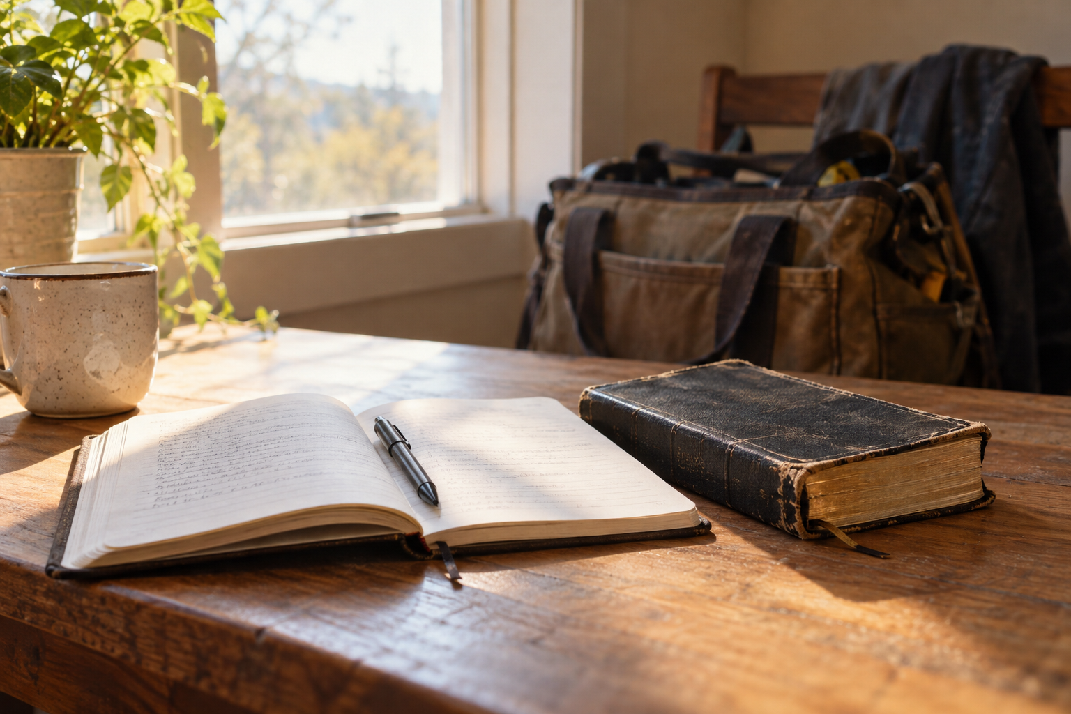 Open notebook and closed dark book on a sunlit table with a work bag nearby; an illustrative photograph, not the papal audience.