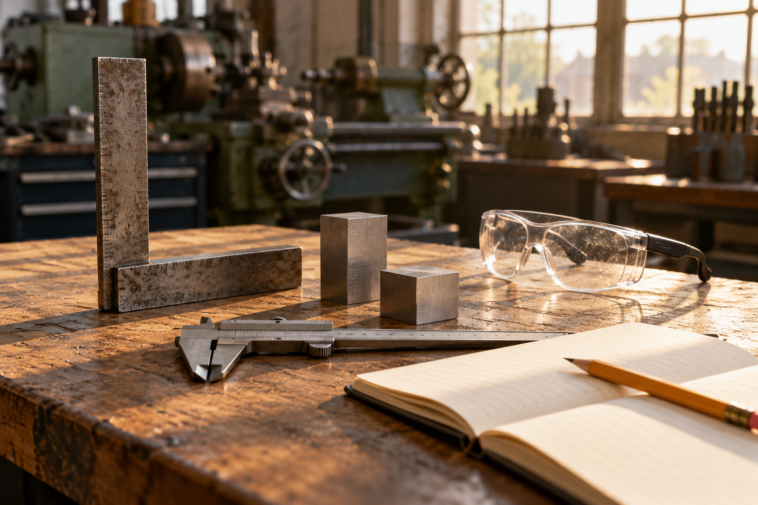 Machinist tools, metal blocks, safety glasses and an open notebook on a sunlit workshop bench.
