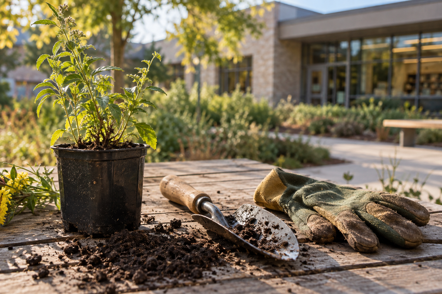 A potted plant, dirt-covered trowel and work gloves on an outdoor table with a library-like building softly out of focus.