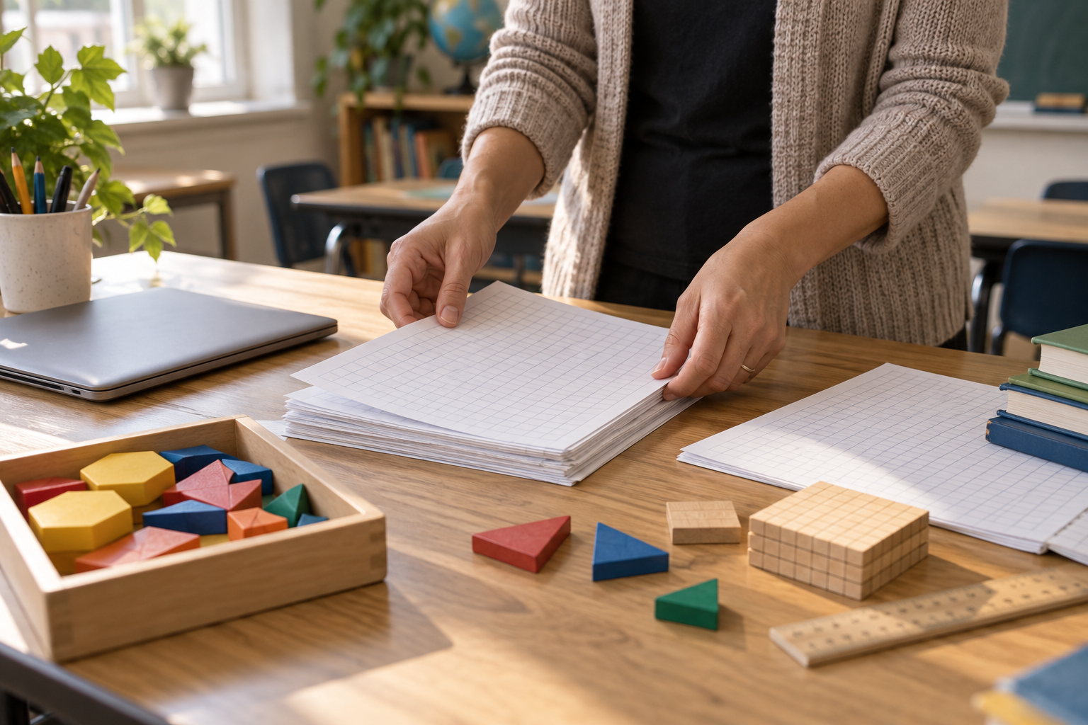 Illustrative photograph of a teacher arranging blank grid paper and geometry blocks on a classroom desk with a closed laptop nearby; it does not show Modern Classrooms Project materials.