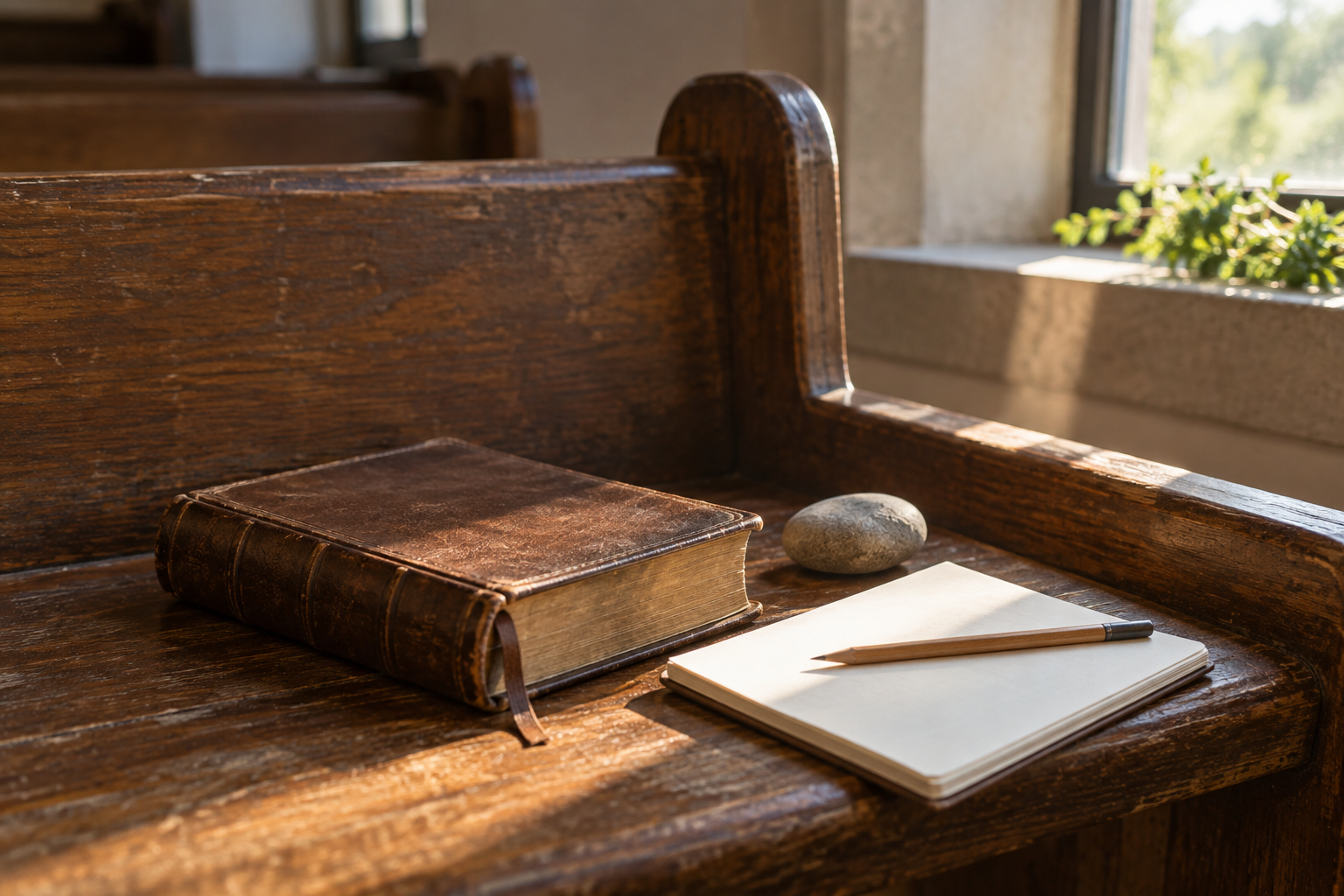 A closed leather Bible, smooth stone, blank notebook and pencil rest on a sunlit wooden church pew.