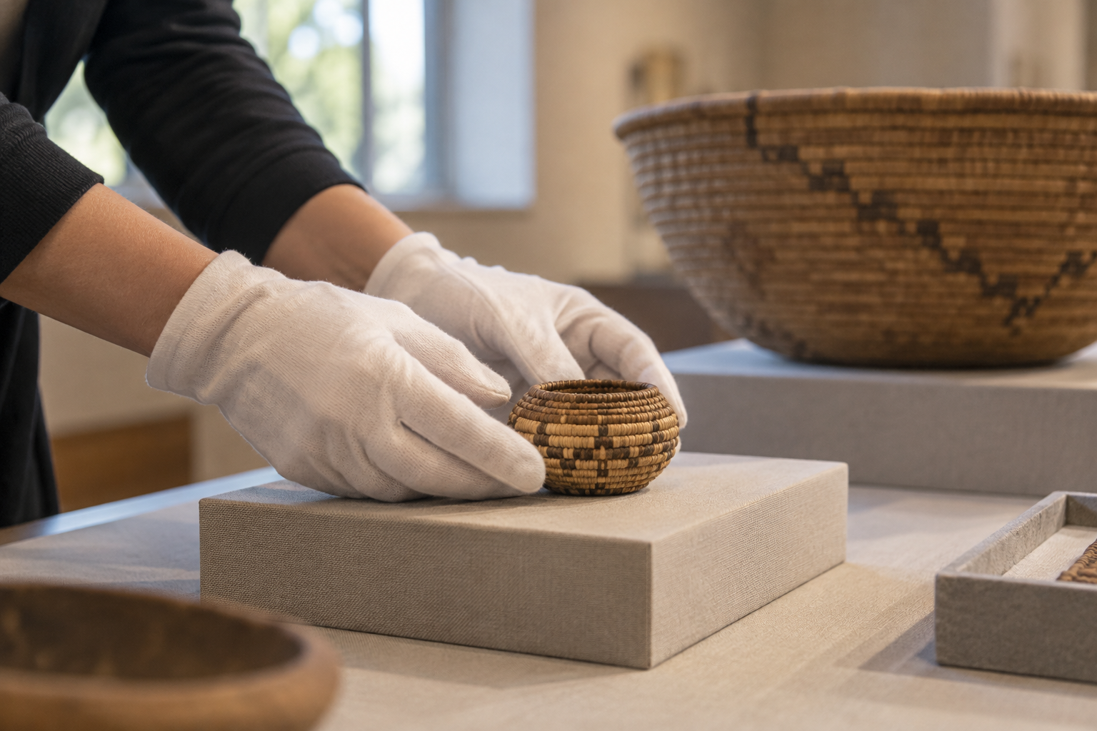 Illustrative photograph of gloved hands setting a small woven basket on a display plinth beside a larger basket; it does not show a Smithsonian collection object.