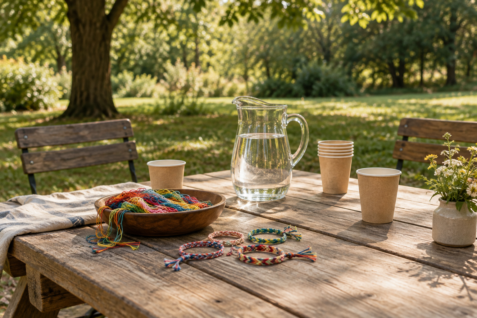 Friendship bracelets, colorful threads, paper cups and a water pitcher sit on a wooden table in a leafy park.