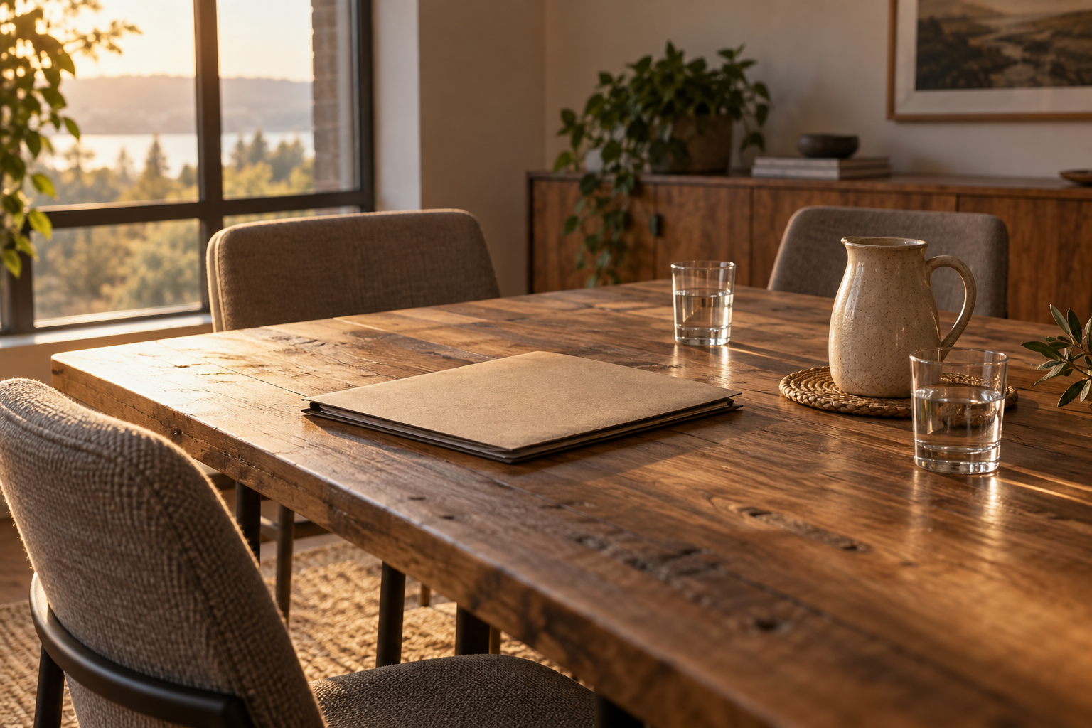 A closed paper folder, a ceramic pitcher and two glasses sit on a sunlit meeting table surrounded by three empty chairs.
