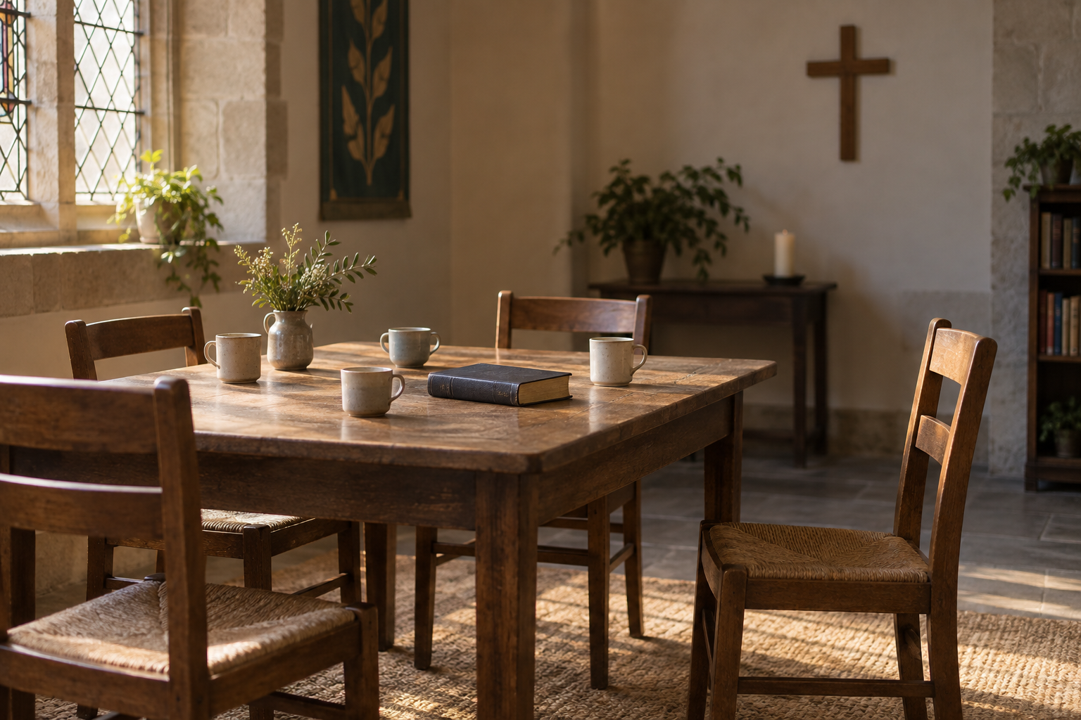 A closed Bible and ceramic cups sit on a church meeting table, with wooden chairs and a simple cross on the wall.