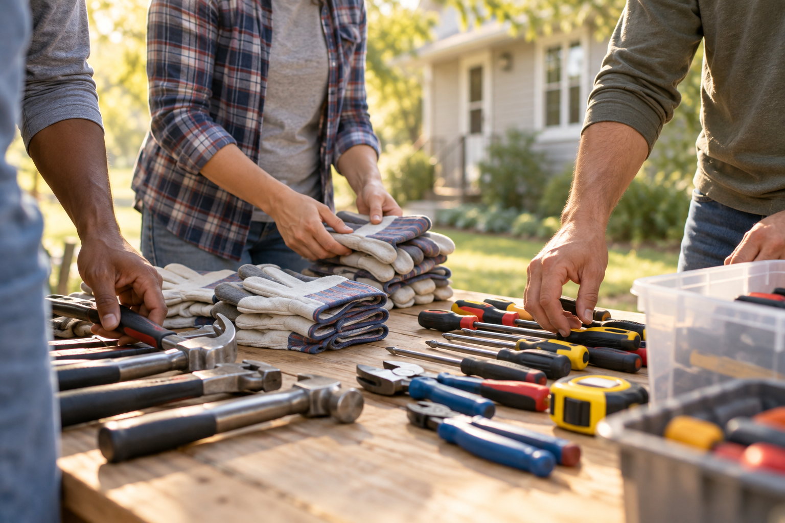 Illustrative photograph of anonymous volunteers sorting repair tools and work gloves before a service day; it does not show Parkway Church or its recipients.