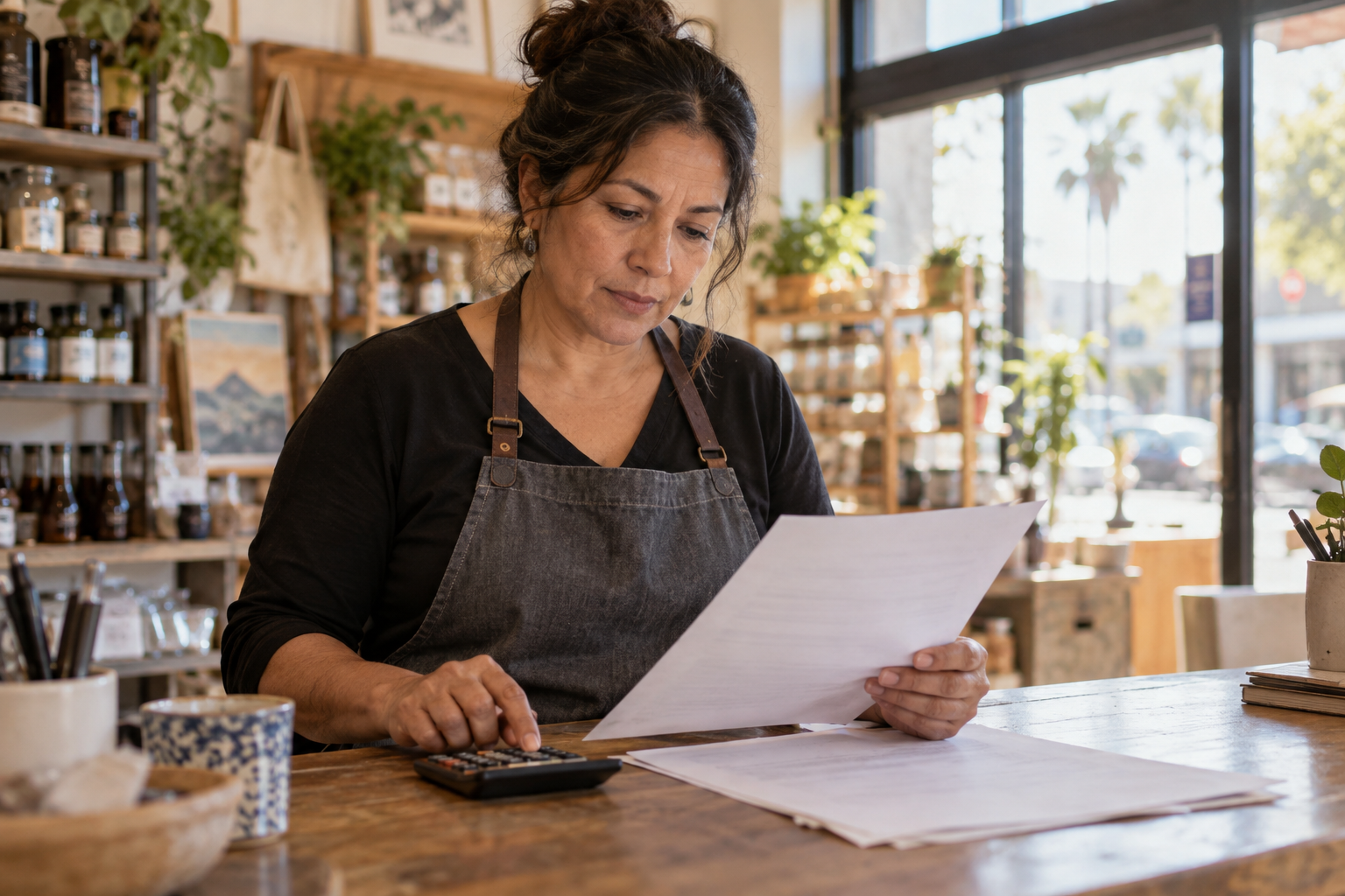 A shopkeeper reviewing an unmarked paper and using a small calculator at a counter in daylight; an illustrative photograph, not a grant applicant.