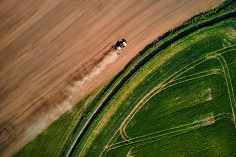 Aerial view of a combine harvesting a golden field