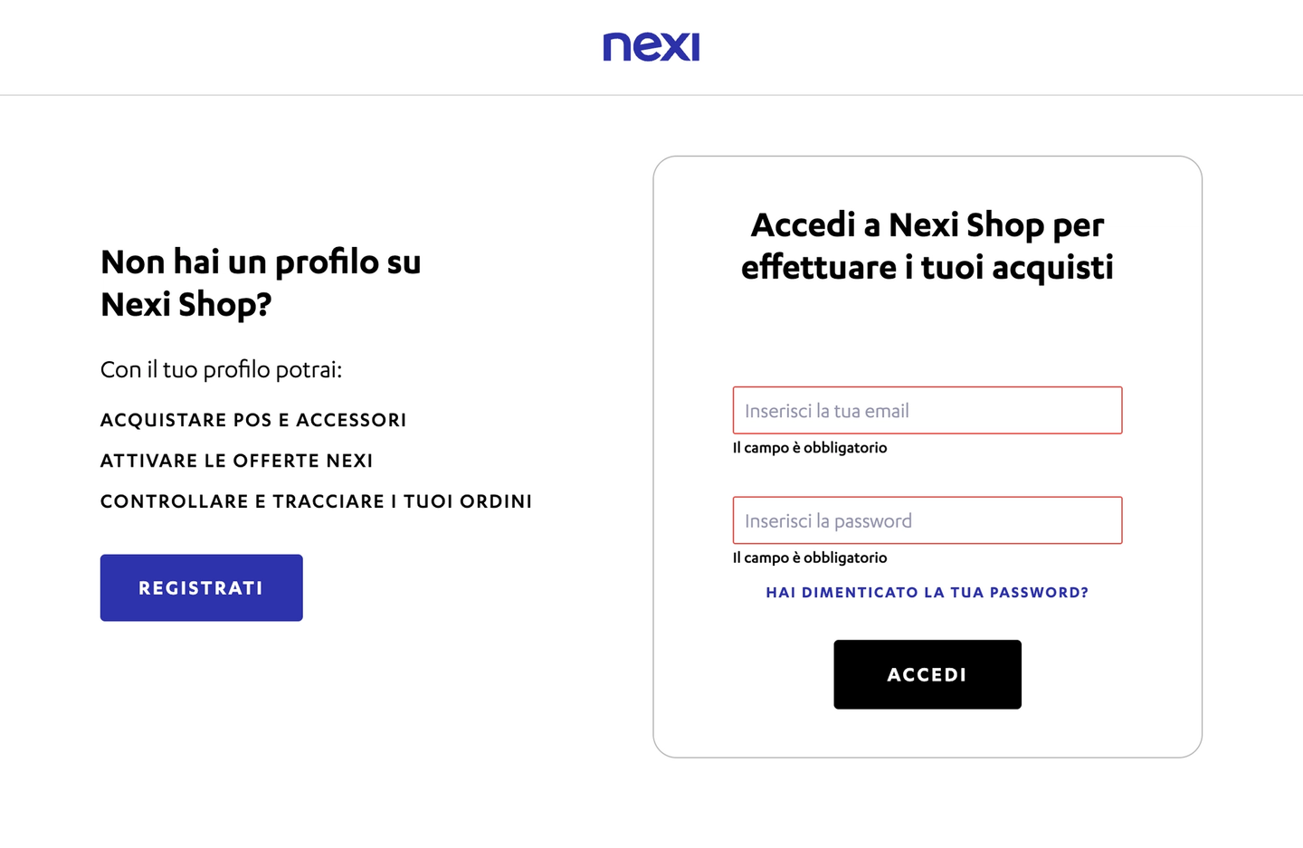 Login e registrazione su sito Nexi