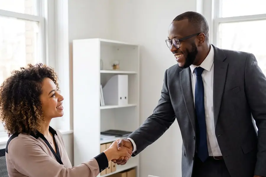 Gateway Recruitment consultant welcoming a candidate with a handshake