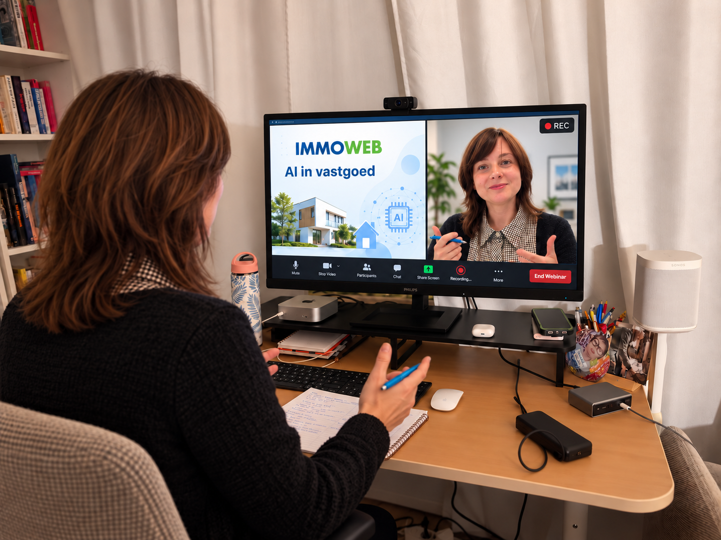 Thuiskantoor met op het scherm een Immoweb-webinar over AI in vastgoed.