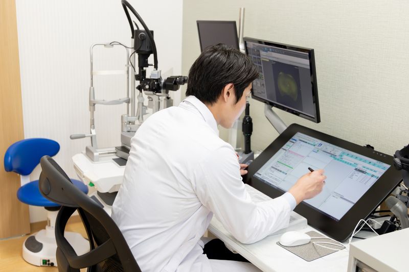 電子カルテを操作する医師と診察機器が置かれた診察室