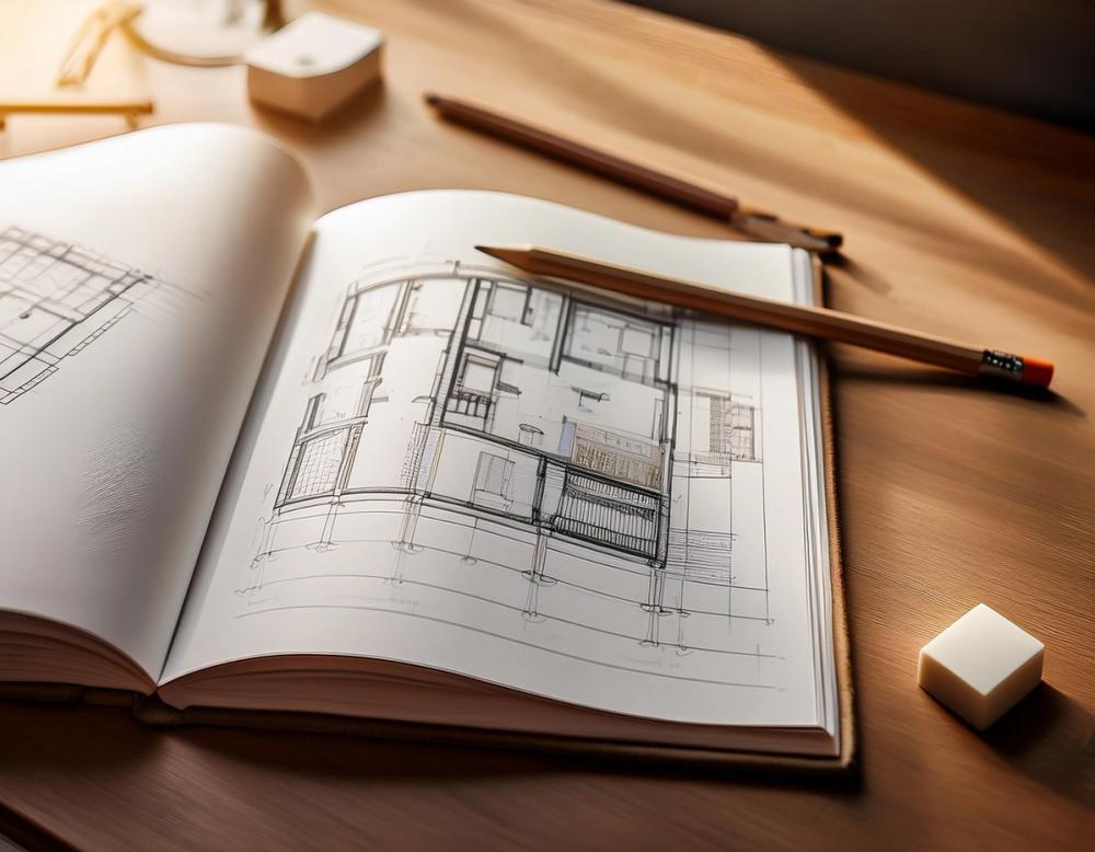 スケッチブックに建物のボリュームや平面のアイディアを手描きした様子