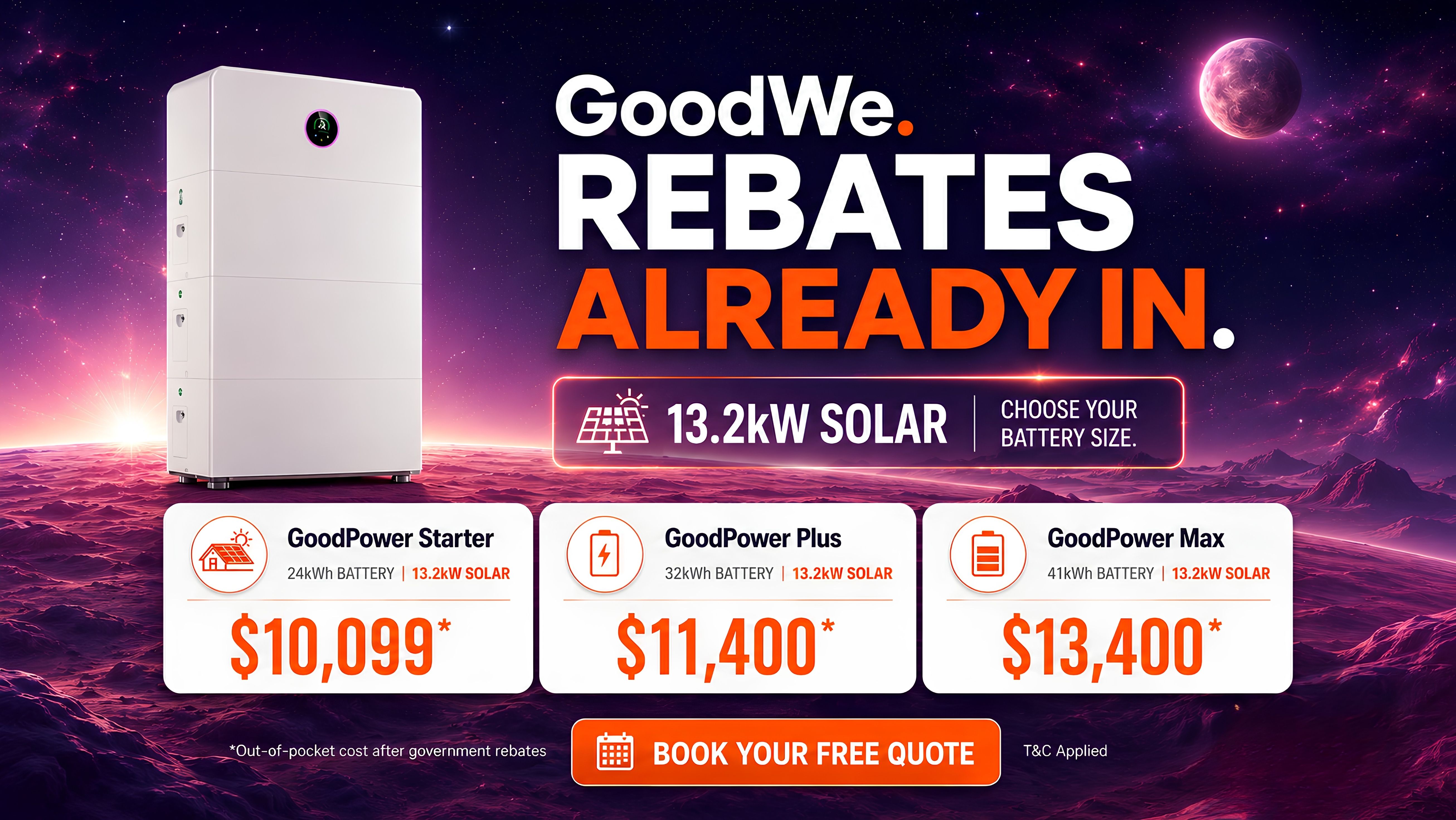 GoodWe rebates already in — a 13.2kW solar system with your choice of battery, from $10,099 out-of-pocket after government rebates.
