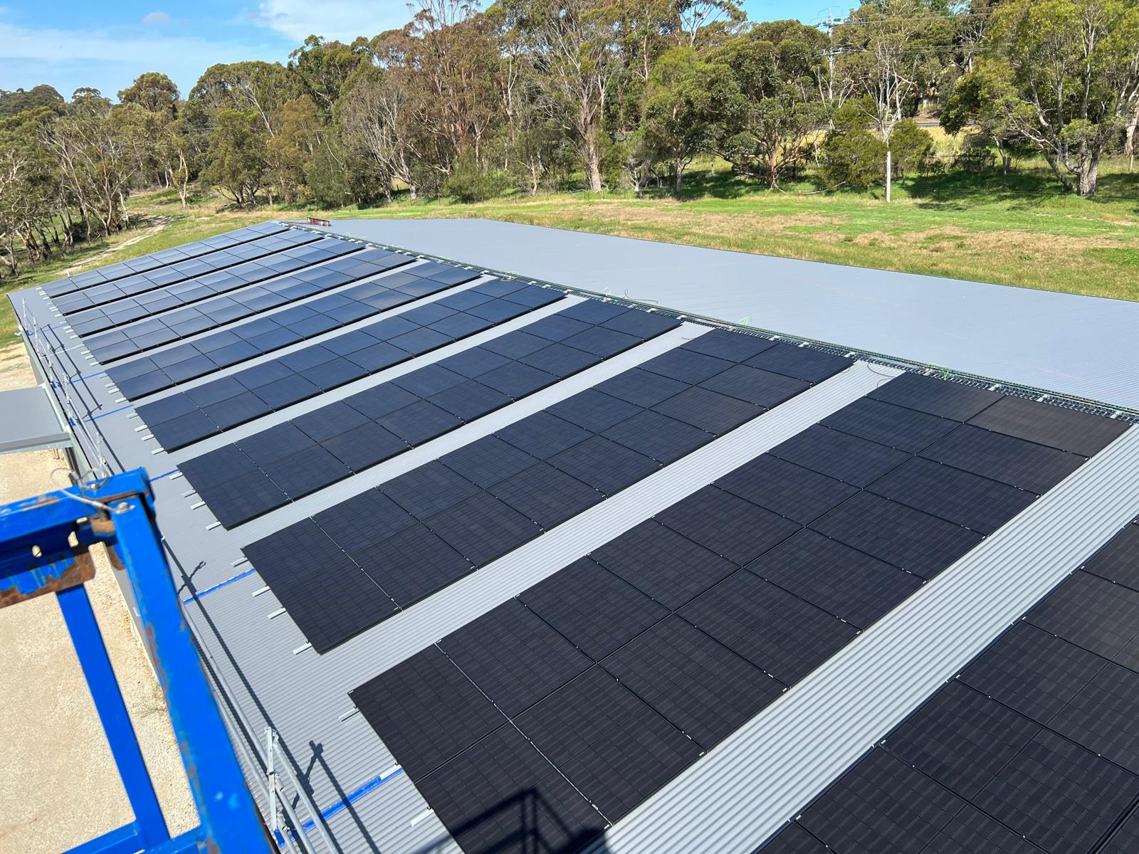 A large solar panel array installed across a rural shed roof surrounded by bushland