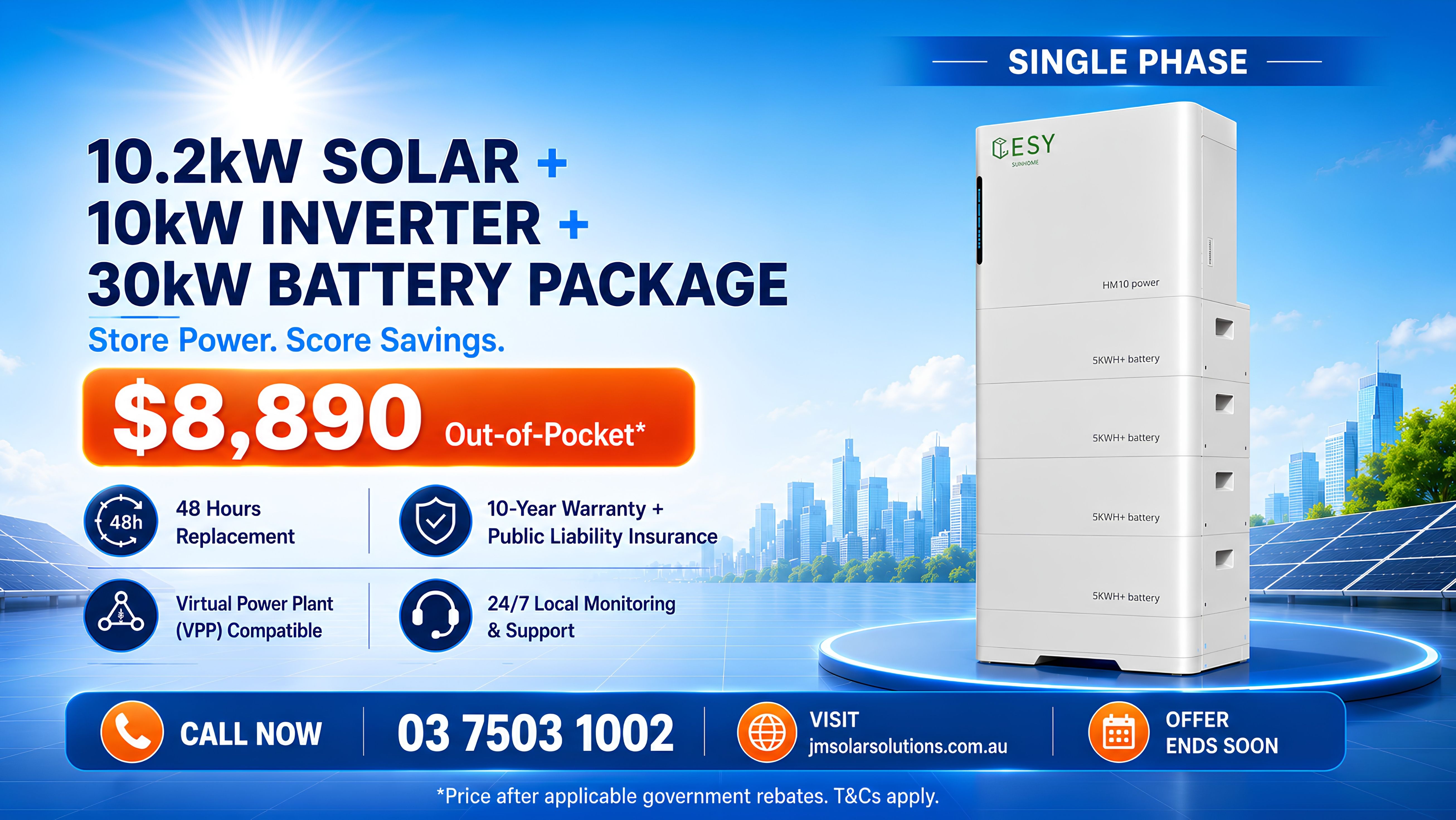 10.2kW solar + 10kW inverter + 30kW ESY battery package, $8,890 out-of-pocket after rebates — VPP-ready with a 10-year warranty.