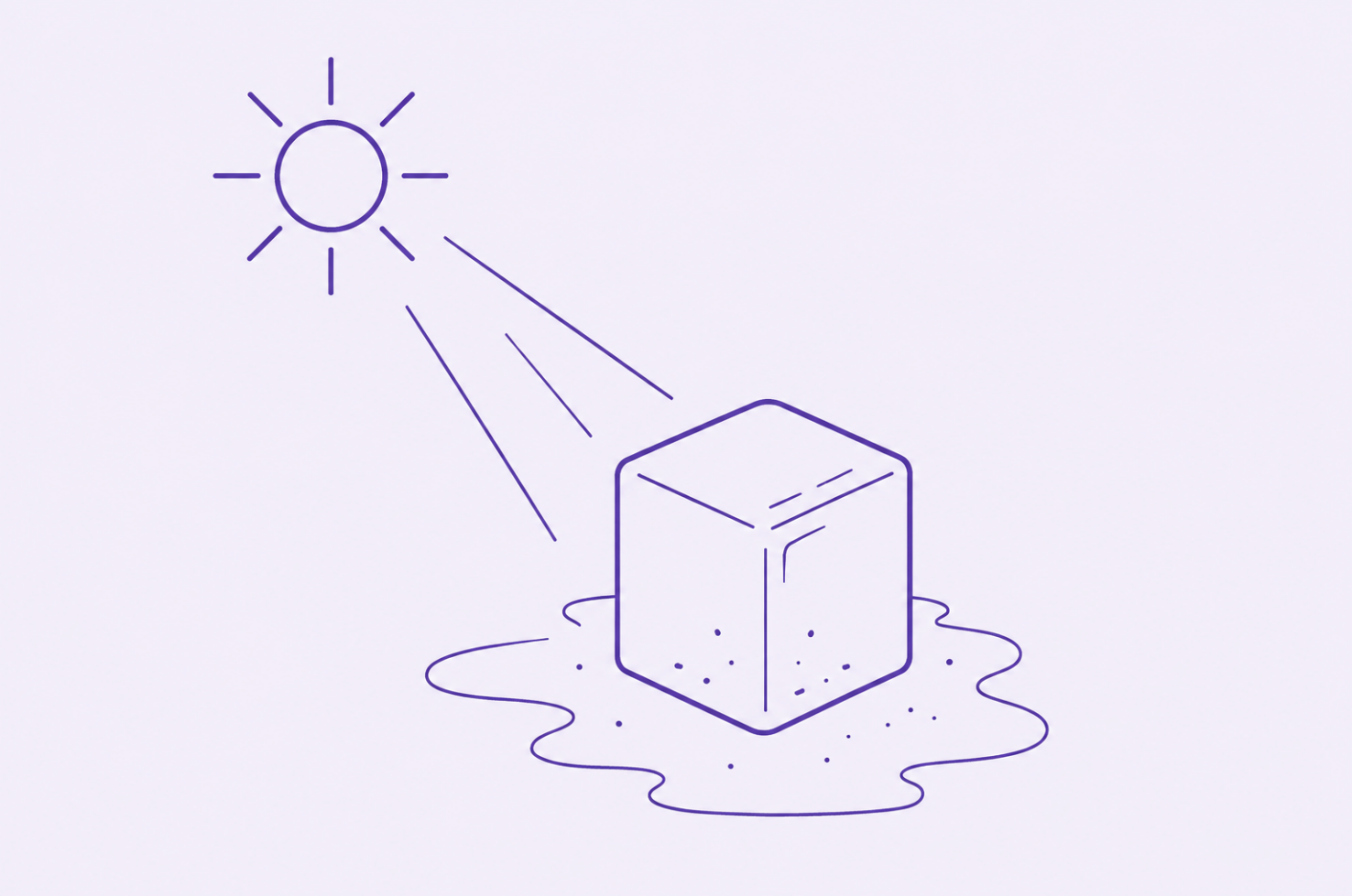 Ein schmelzender Eiswürfel in einer Pfütze, beschienen von der Sonne