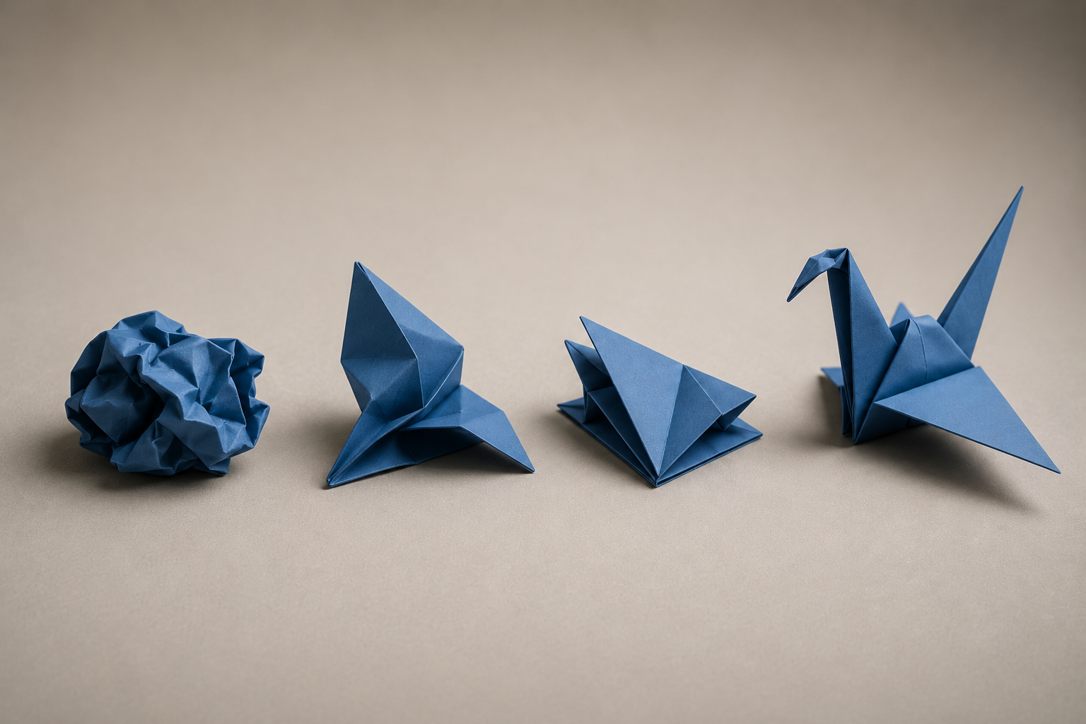 Ein Origami-Kranich, aus einem Blatt gefaltet – Sinnbild für Transformation: aus dem Bestehenden entsteht etwas Neues.